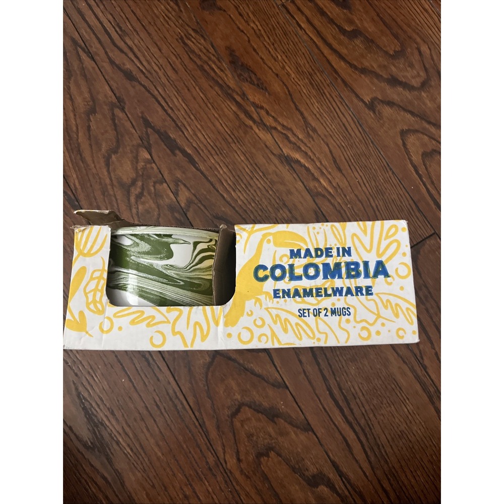 2 Enamelware Hand-Painted Coffee Mugs Large Green Swirl Made in Colombia